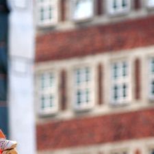 Construction worker hanging from hooks